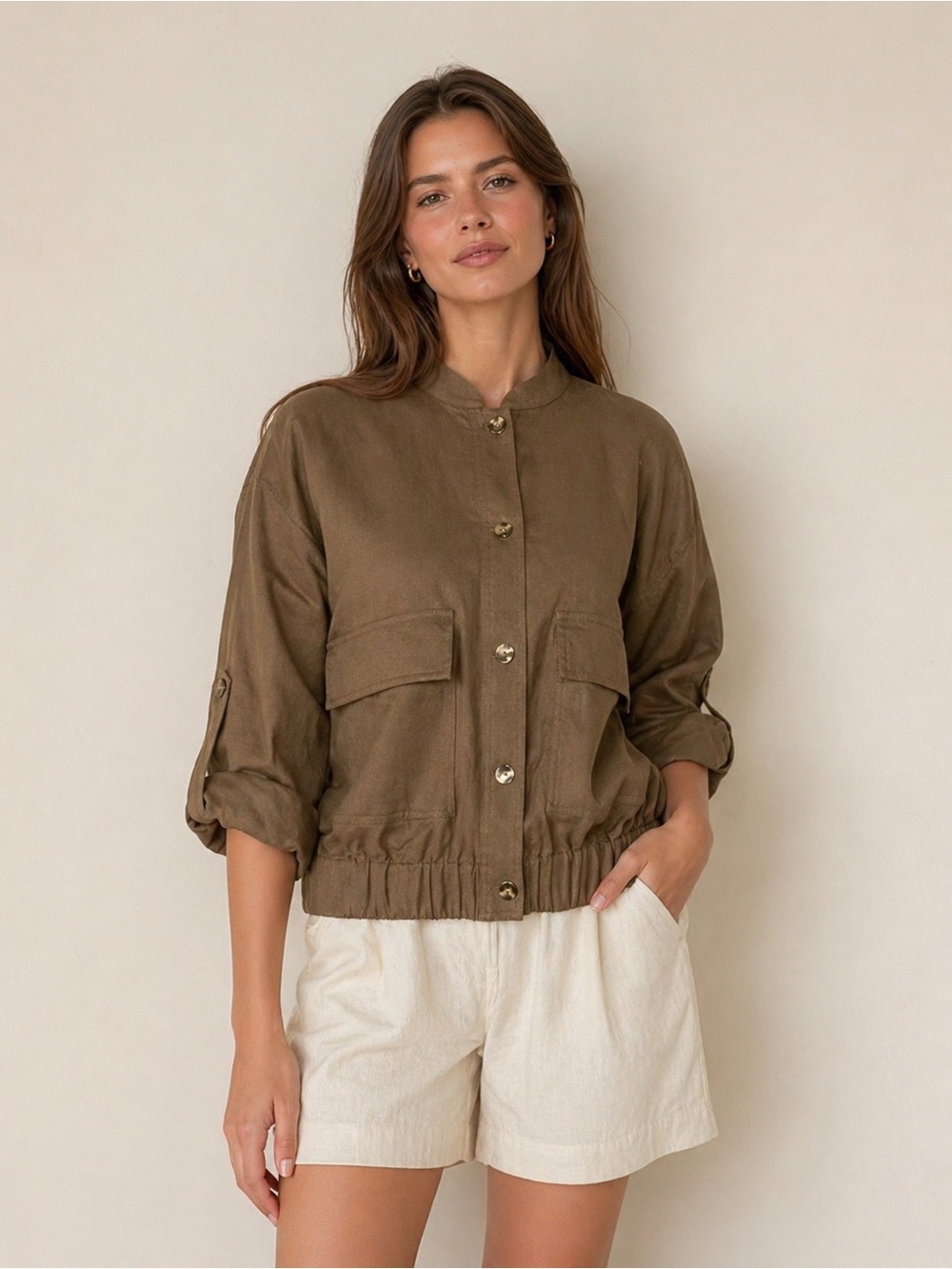 Zara linen blend blazer jacket relaxed fit brown S